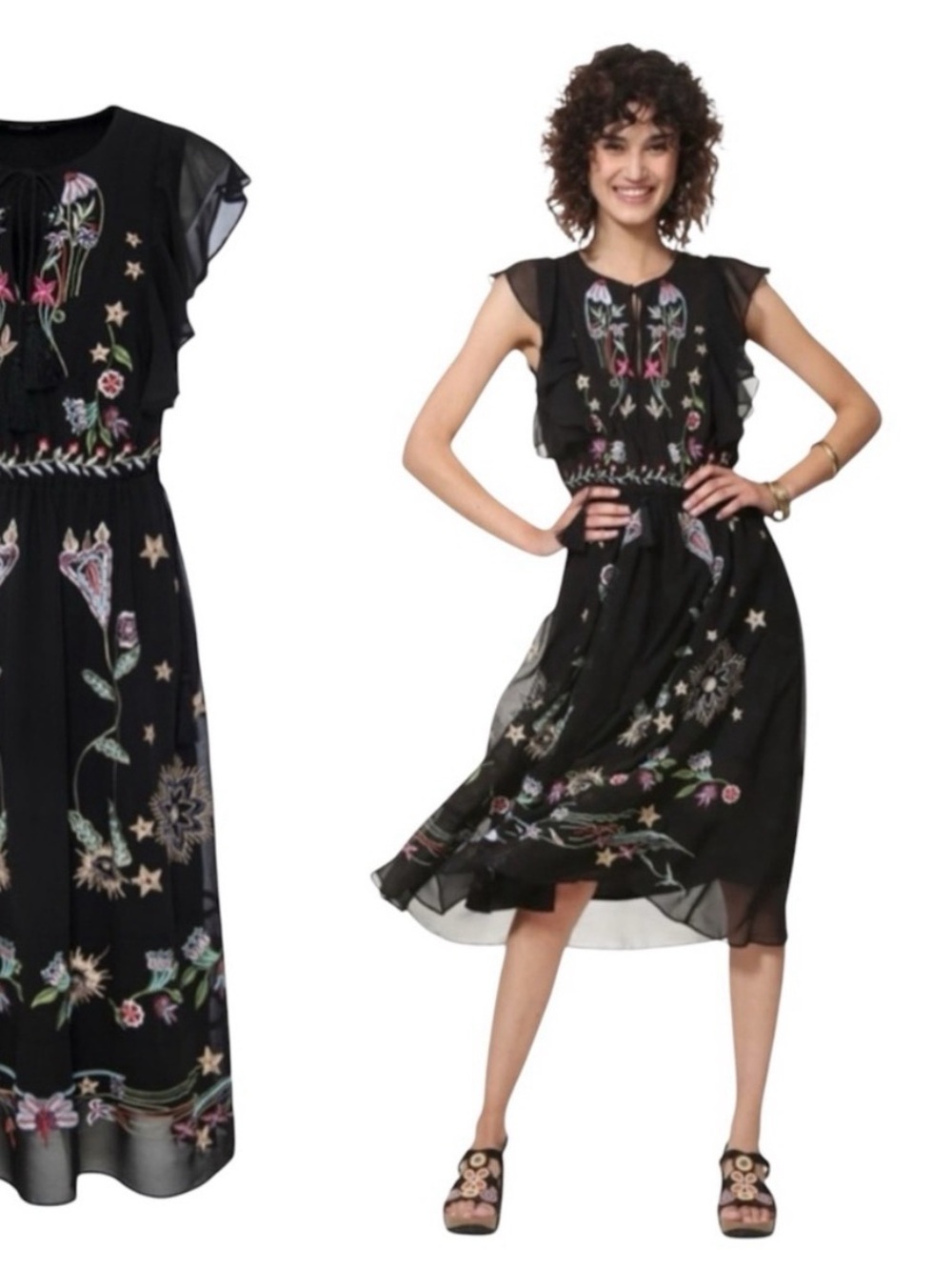 Desigual Black Midi Dress with Multicolor Floral Embroidery